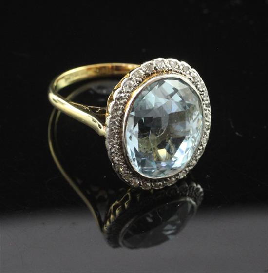 An 18ct gold and platinum, aquamarine and diamond set dress ring, size O.